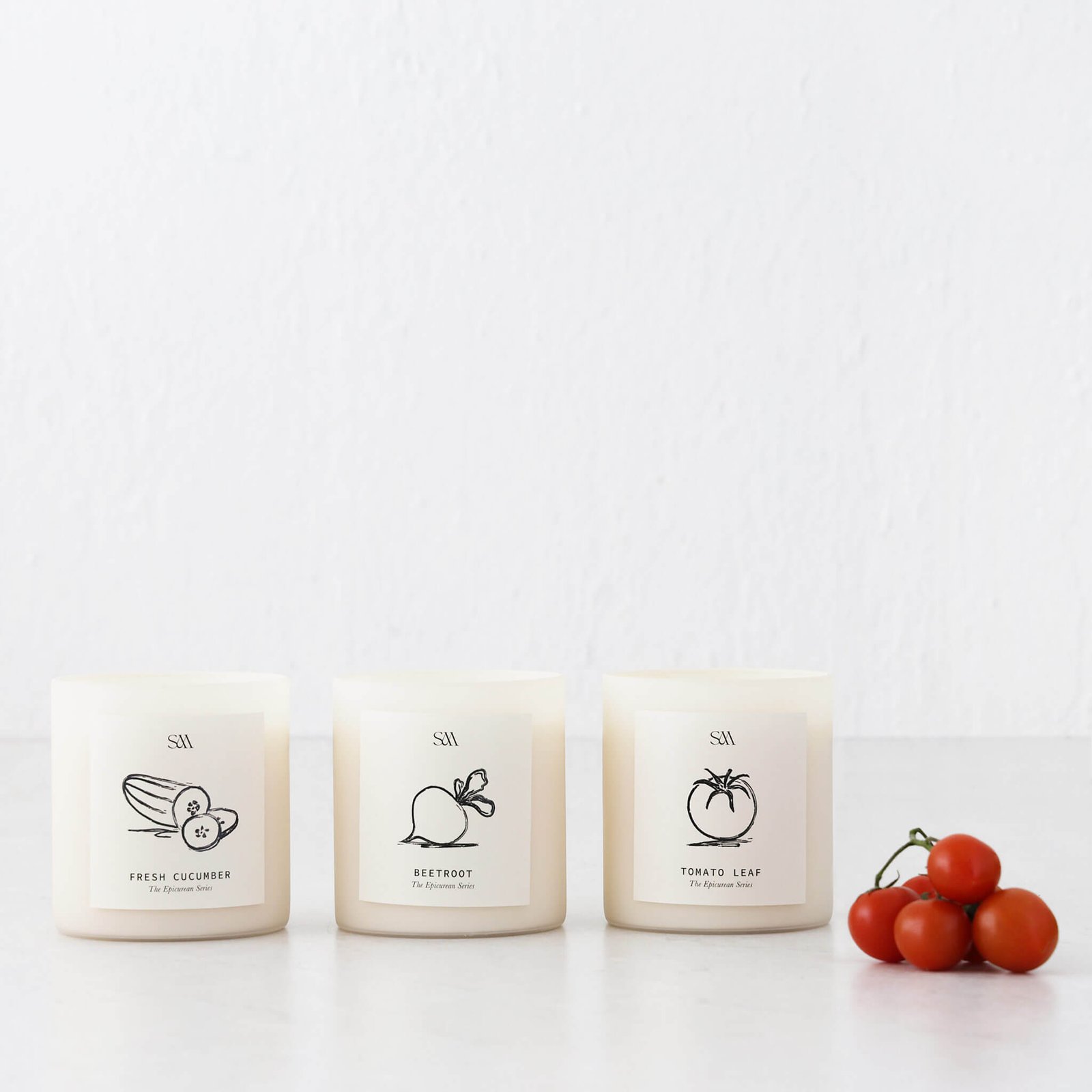 STUDIO MCKENNA | EPICUREAN SERIES BOX SET OF 3 CANDLES | CUCUMBER + TOMATO LEAF + BEETROOT